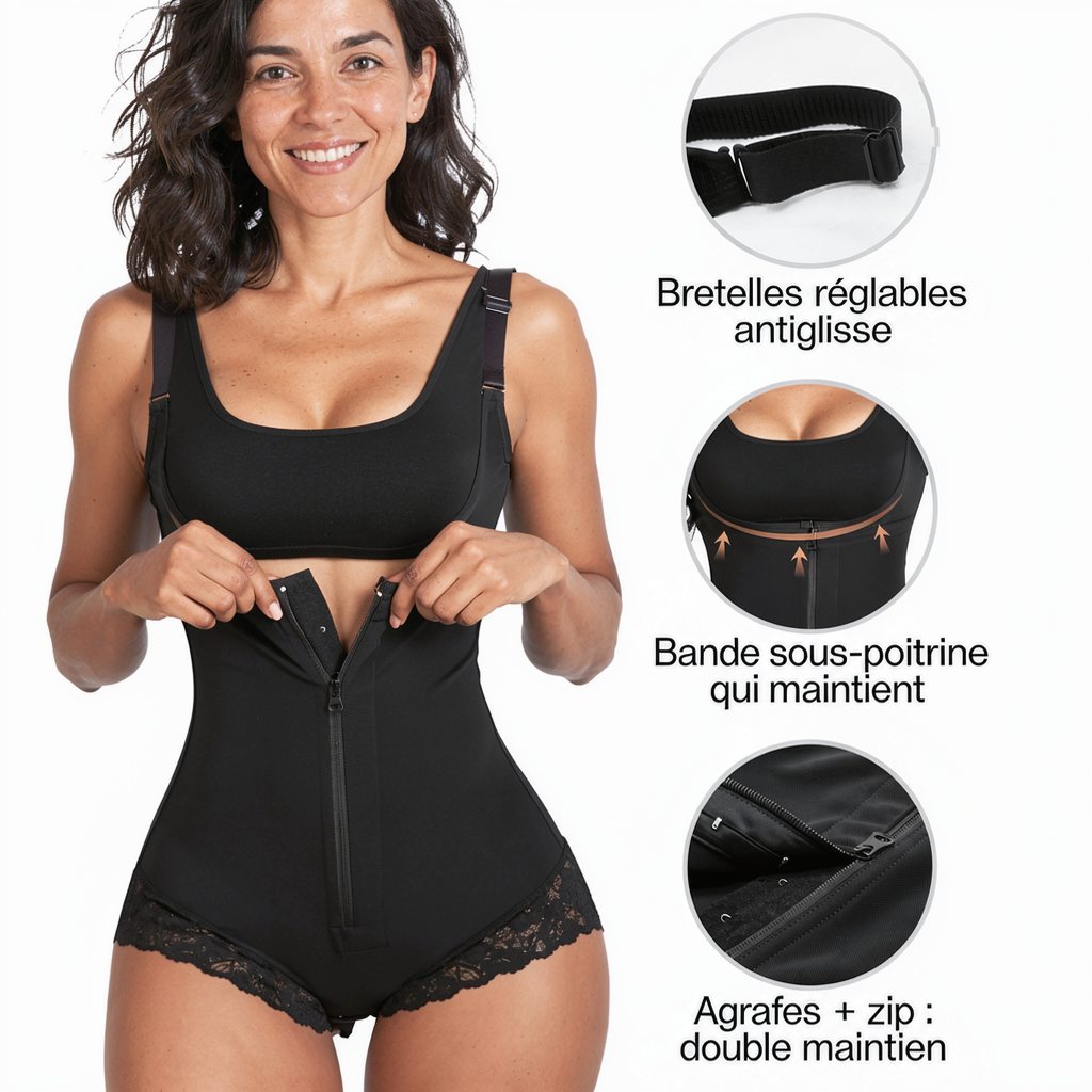 Le Body Posélia noir de face : bretelles réglables antiglisse, bande sous-poitrine, agrafes et zip