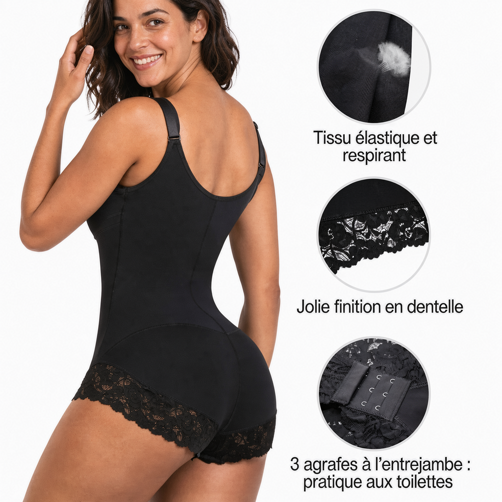 Le Body Posélia noir de dos : tissu élastique et respirant, finition dentelle, 3 agrafes à l'entrejambe