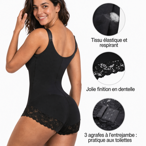 Le Body Posélia noir de dos : tissu élastique et respirant, finition dentelle, 3 agrafes à l'entrejambe